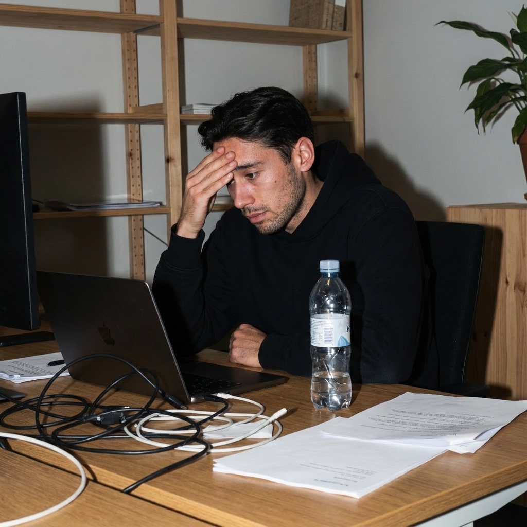 Et skrivebord på kontoret med en åben computer og arbejde i gang