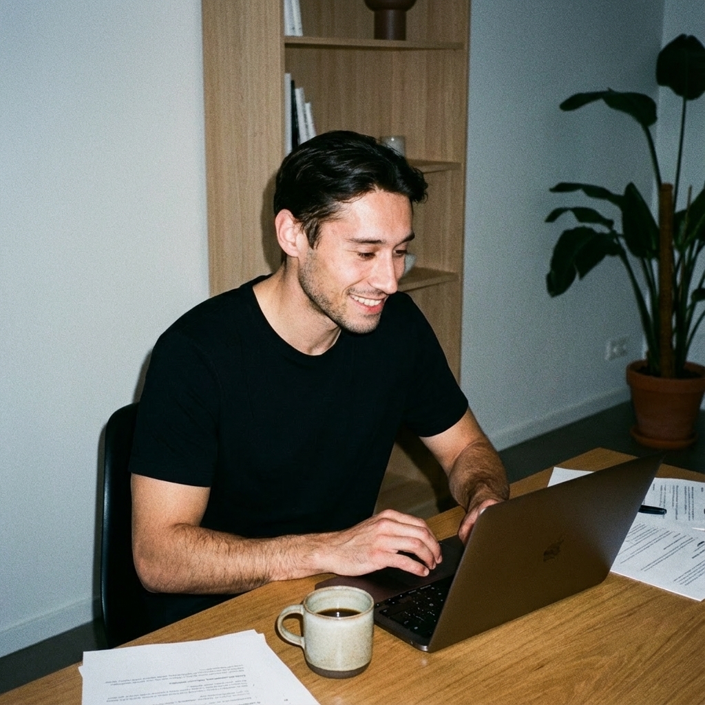 Kaan reviewing results at his laptop